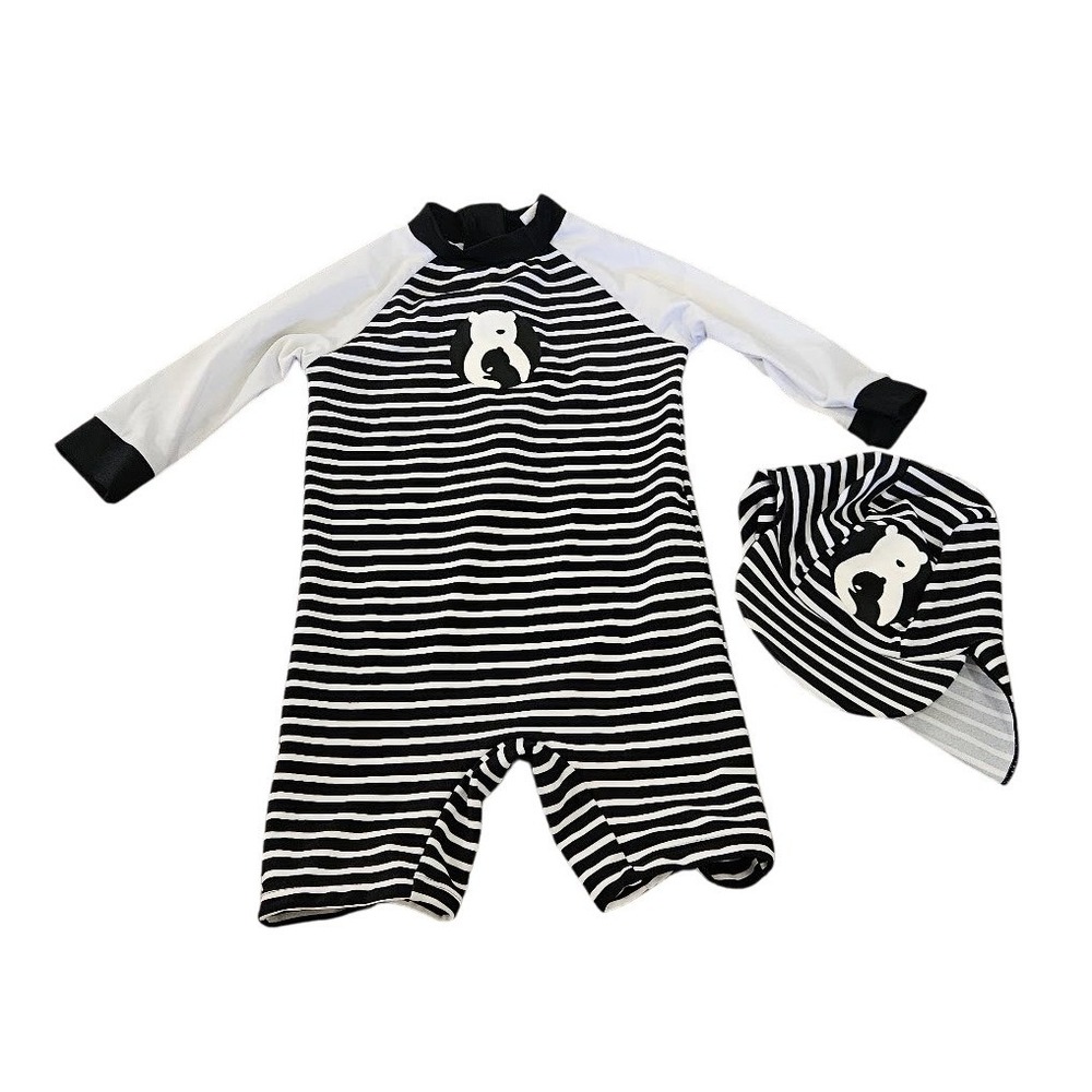 Upandfast Baby Boys Striped Rash Guard Swimsuit & Hat Set 12-18M Black White